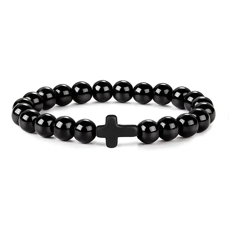 Natural Stone Christian Bracelet – Hematite Cross & Wood Beads for Men & Women